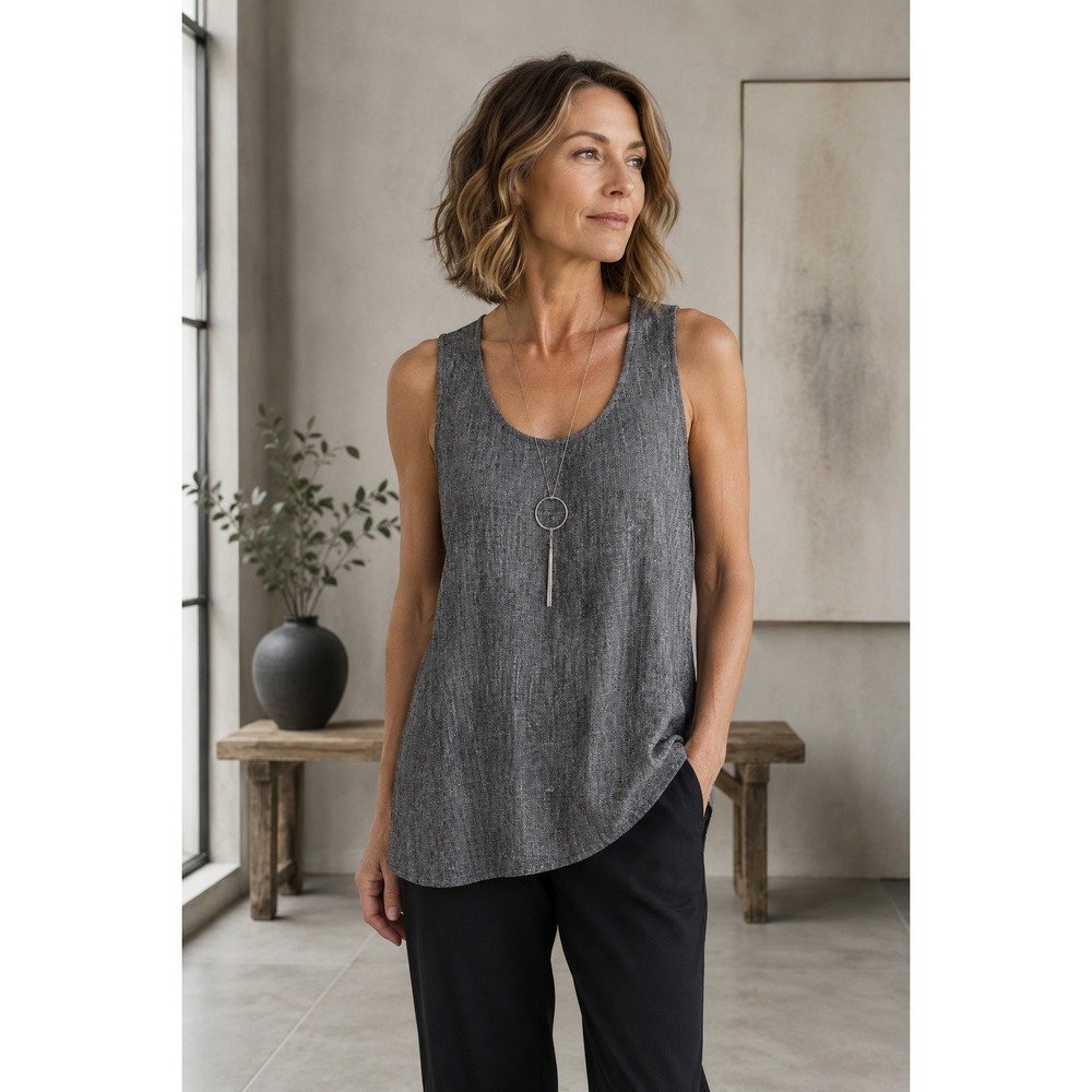Eileen Fisher 100% Silk Shell Tank Gray Sleeveless Minimalist Top Large